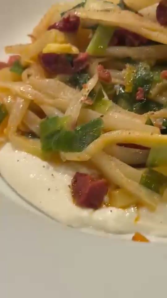 Dutch White Asparagus with Chorizo, Spring Onions and Burrata