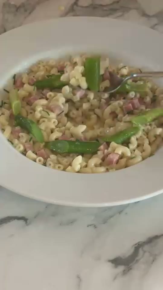 Organic Macaroni with Mustard Cream Sauce and Braised Broccoli Stems