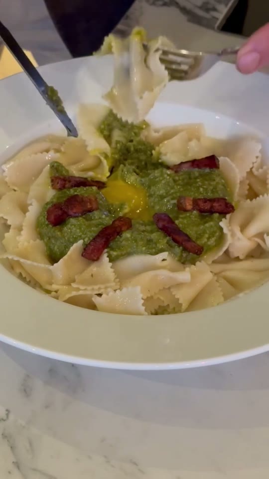 Organic Pesto Pasta with Raw Egg Yolk and Crispy Pancetta