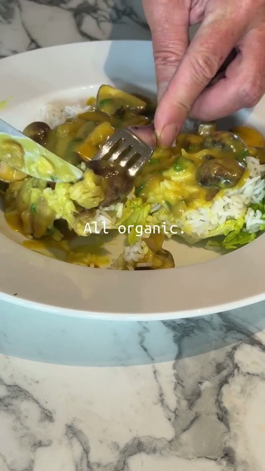 Curry ragout with mushrooms, lettuce and rice