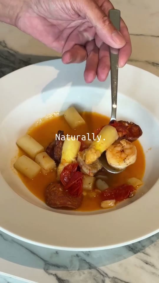 Fried Prawns with Chorizo, White Asparagus, Tomatoes, and White Wine