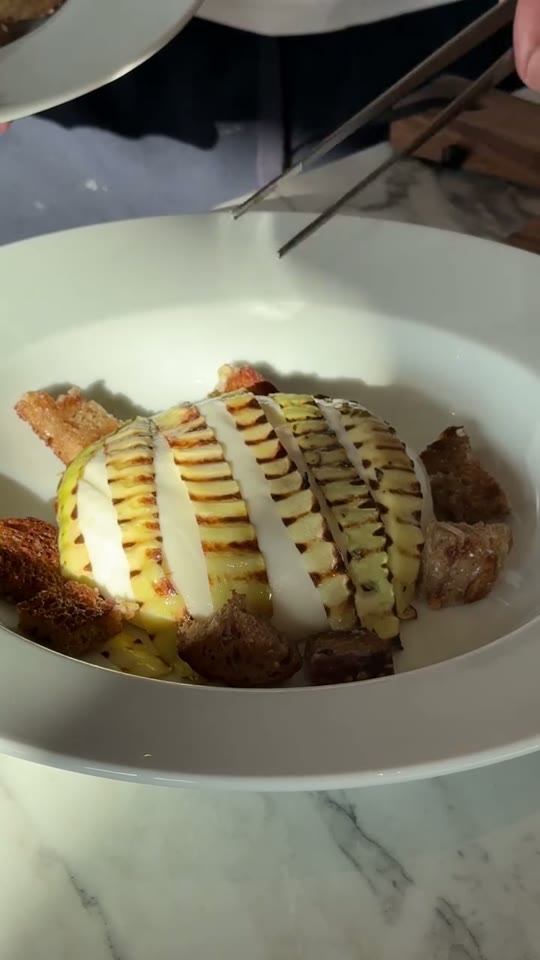 Burrata with Grilled Zucchini and Parmesan Croutons