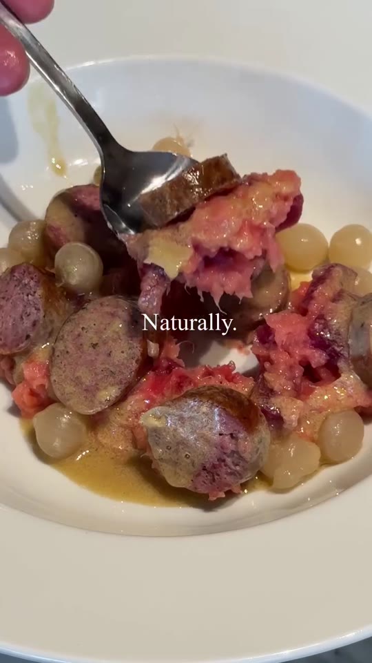 White Sweet Potato & Red Beet Mash with Wild Boar Sausage
