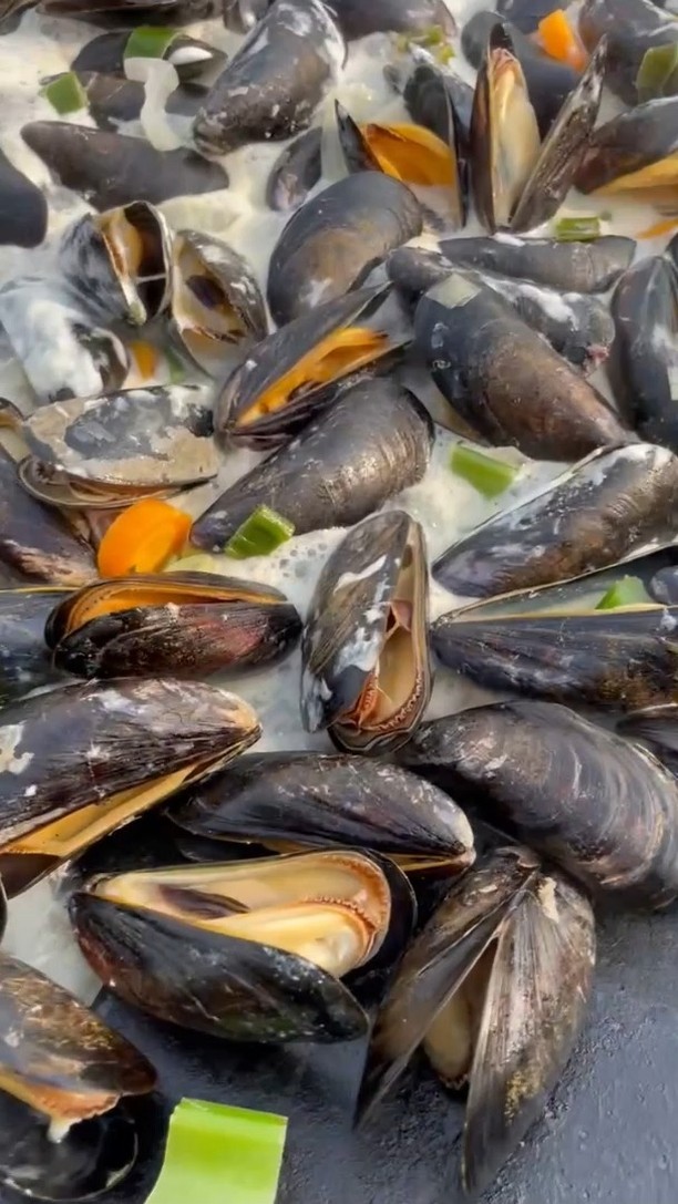 Fire-Cooked Organic Mussels with Vegetables and Crème Fraîche