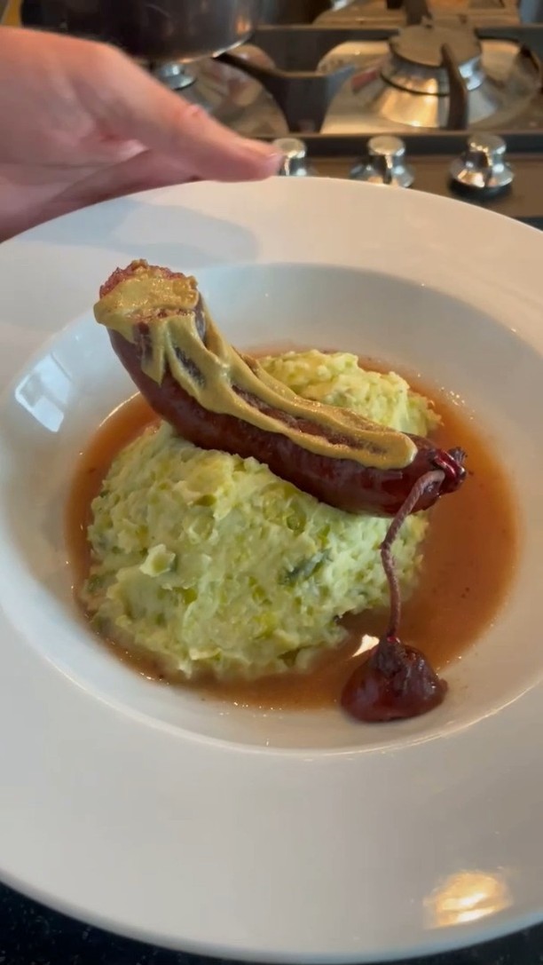 Brussels Sprout Mousse with Wild Boar Sausage and Pancetta Red Wine Sauce