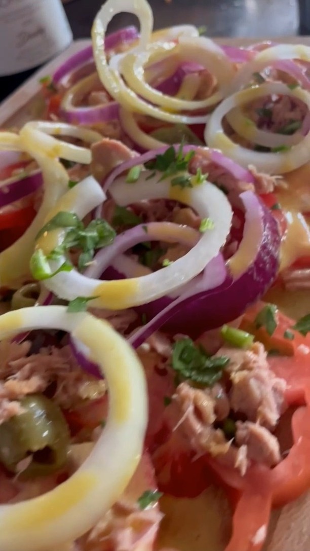 Tomato & Tuna Salad on a Wooden Board